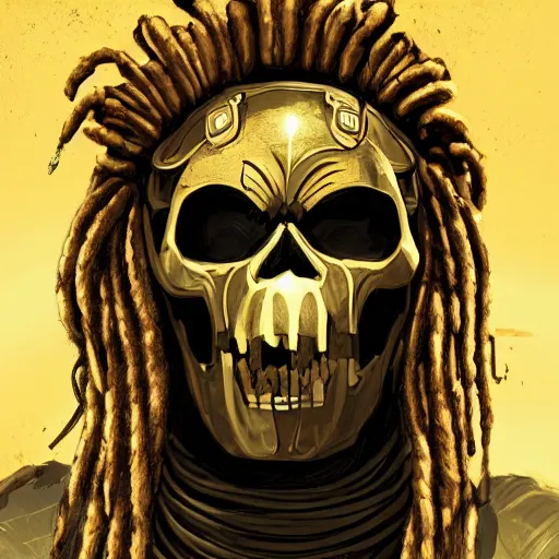 Image similar to a golden skull face african warrior with dreadlocks, Apex Legends character digital illustration portrait design, by android jones, detailed, cinematic lighting, wide angle action dynamic portrait