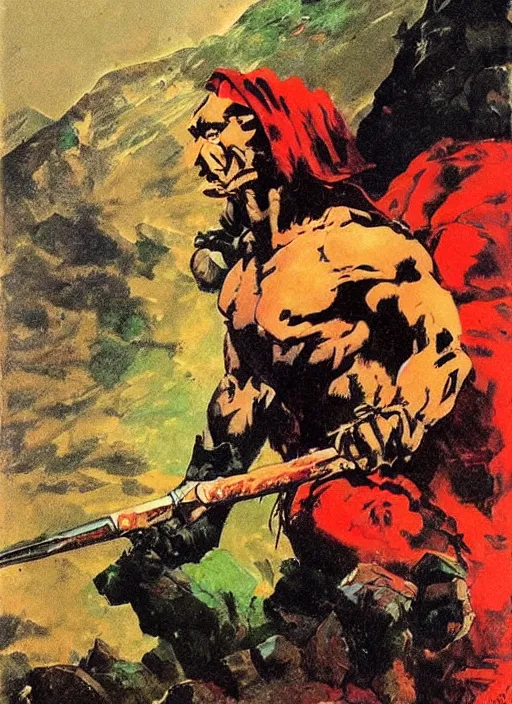 Image similar to portrait of barbarian on mountain, coherent! by mariusz lewandowski, by frank frazetta, deep color, strong line, red green black teal, high contrast