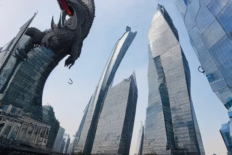 Prompt: Giant Dragon in Moscow City Scyscrapers,