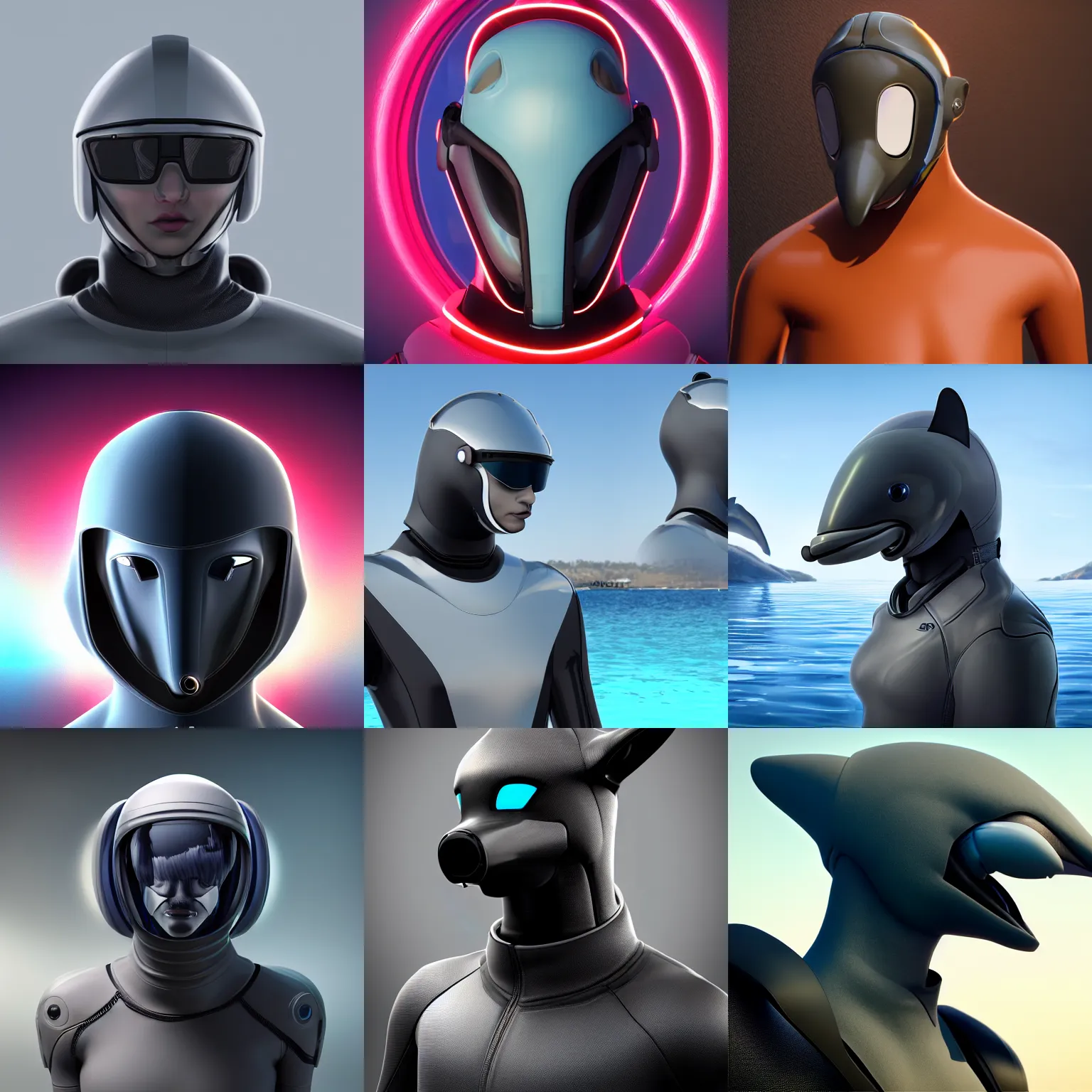 Prompt: furry art, synthetic male anthro android with head replaced by a dolphin's, bottlenose dolphin anthro, wide neck, sleek waterproof design, dark opaque visor over top of face, half - body commission on furaffinity, cgsociety, octane render