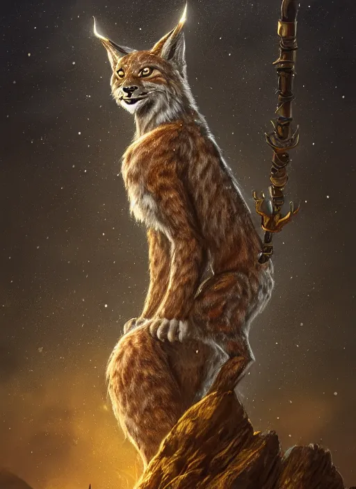 Image similar to anthropomorphic lynx holding a golden intricately decorated shiny scepter, night, spruce trees on the sides, mountains in the background, eerie dark atmosphere, moonlit, back light, in the style of fantasy movie, fantasy art, fantasy matte painting, bowater, amano, trending on artstation