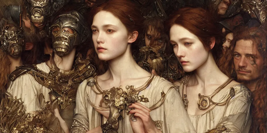 Prompt: masterpiece inchoate sybaritic salve Reginae, masterpiece by Edgar Maxence and Ross Tran and Michael Whelan and Caravaggio artistic, intricate drawing, realistic fantasy, extremely detailed and beautiful aesthetic celtic face, establishing shot, 8k resolution, dramatic lighting