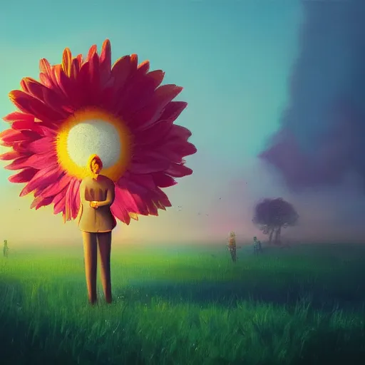 Image similar to giant daisy flower head, frontal, girl in a suit, surreal photography, sunrise, dramatic light, impressionist painting, digital painting, artstation, simon stalenhag