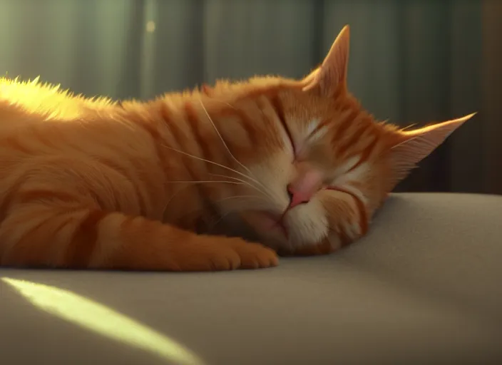 Prompt: a wholesome animation key shot of a ginger cat sleeping, close up, studio ghibli, pixar and disney animation, sharp, rendered in unreal engine 5, clear sky, anime key art by greg rutkowski, bloom, dramatic lighting