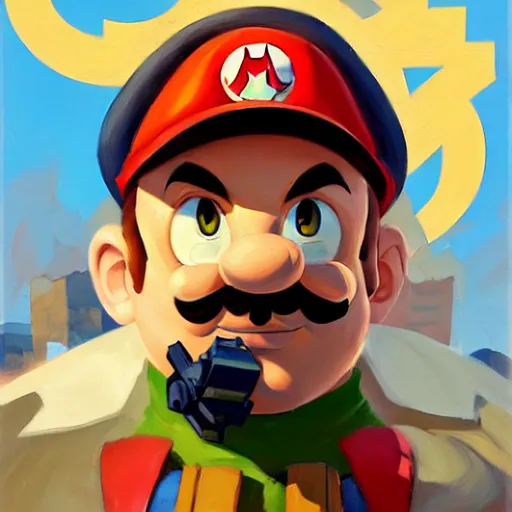 Image similar to Greg Manchess portrait painting of Super Mario as Overwatch character, medium shot, asymmetrical, profile picture, Organic Painting, sunny day, Matte Painting, bold shapes, hard edges, street art, trending on artstation, by Huang Guangjian and Gil Elvgren and Sachin Teng