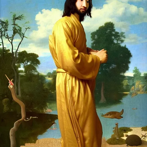 Image similar to A beautiful young Asian man with long shiny hair and big green eyes in a beautiful traditional silk robe standing in a beautiful garden watching a big dolphin that is jumping from the lake, he is a prince and a serious person but is smiling, by Johannes Vermeer, Frank Frazetta and William Adolphe Bouguereau, fantasy, trending on artstation, amazing details, mtg, digital painting, concept art