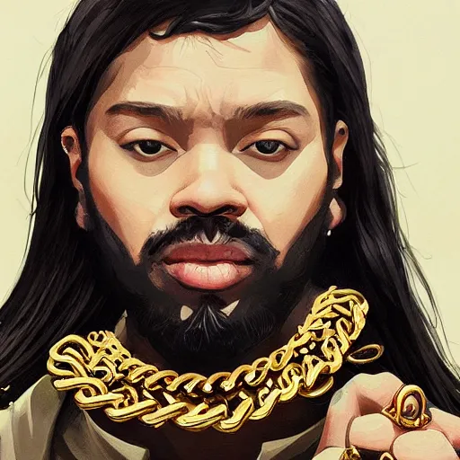 Prompt: a painting of hordor dripped out, gold rings, gold chain, stylish, gold grill by sachin teng