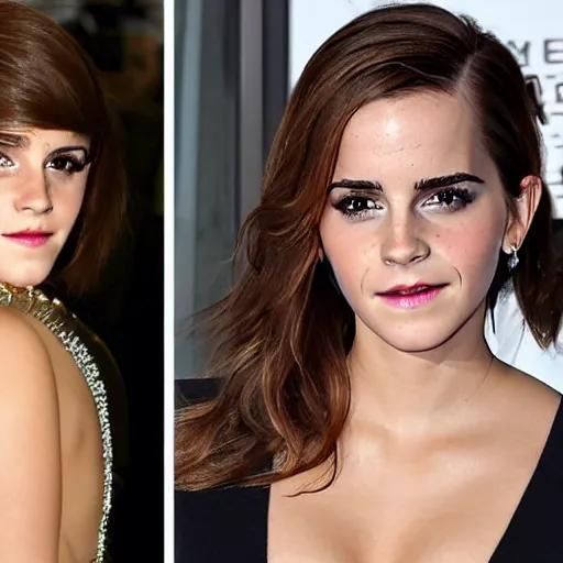 Image similar to emma watson mixed with kim kardashian, full - figure profile shot