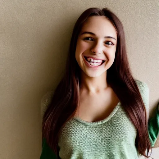 Prompt: a cute young woman smiling, long shiny bronze brown hair, full round face, emerald green eyes, medium skin tone, light cute freckles, smiling softly, wearing casual clothing, relaxing on a modern couch, interior lighting, cozy living room background, medium shot, mid-shot, soft focus