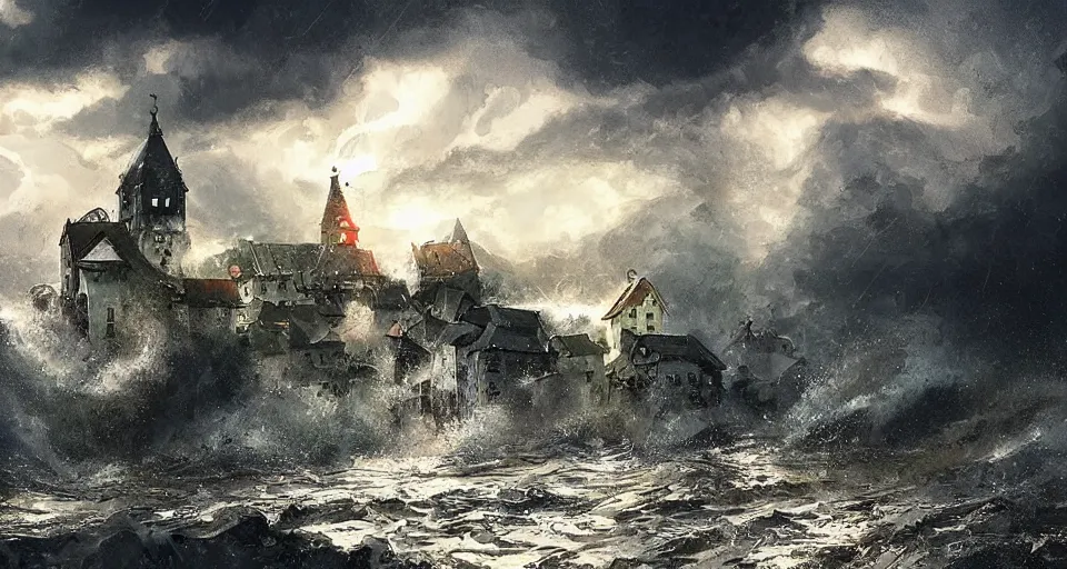 Image similar to dramatic landscape art of a german town being flooded during a thunderstorm, background art, concept art, dramatic lighting, trending on artstation, Studio Ghibli