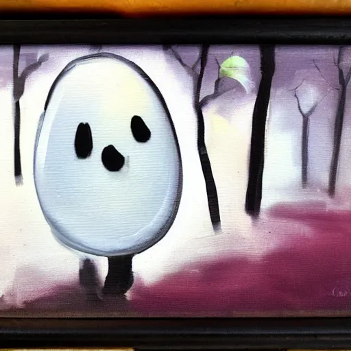 Image similar to a cute ghost in a dark gloomy forest oil paint brush strokes