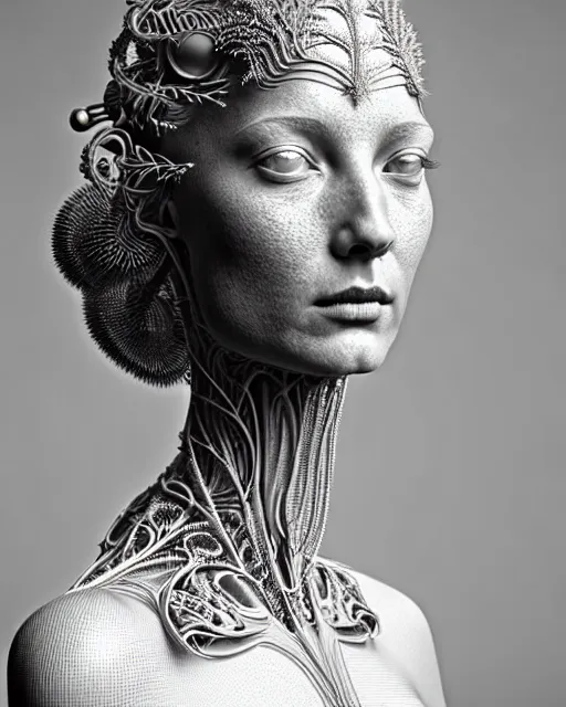 Prompt: bw 3 d render of a beautiful young female queen - cyborg - vegetal, intricate fractal ornament in the bust with a very long neck, elegant, highly detailed intricate rococo ornament in her silver long hair, realistic, refined, highly detailed, cinematic outdoor lighting, by flora borsi in the style of dora maar, volumetric lighting, hyper realistic photography