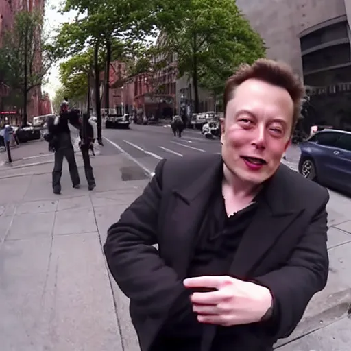 Prompt: bodycam footage of a homeless elon musk going crazy and scamming people, new york streets, wide angle, fisheye, uhd, 4 8 0 p, bodycam, paparazzi, bad quality, pov