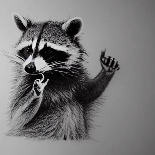 Image similar to a very detailed pencil drawing of a raccoon flipping the middle finger 4 k, high resolution, still, landscape, hd, dslr, hyper realistic, sketch