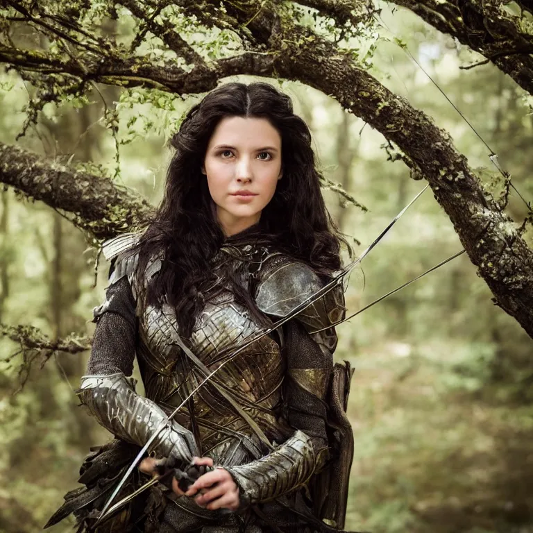 Image similar to 5 5 mm portrait photo of an armored gorgeous anesthetic dark haired woman archer, in a magical forest in the style of lord of the rings, highly detailed 8 k. intricate. lifelike. soft light. nikon d 8 5 0. cinematic post - processing