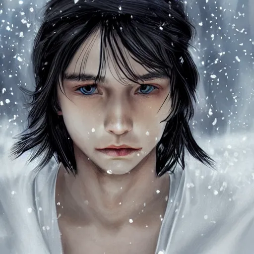 Image similar to boy with snow white shoulder-length hair, wearing a white flowing robe. beautiful hyperdetailed eyes, concept art, illustration