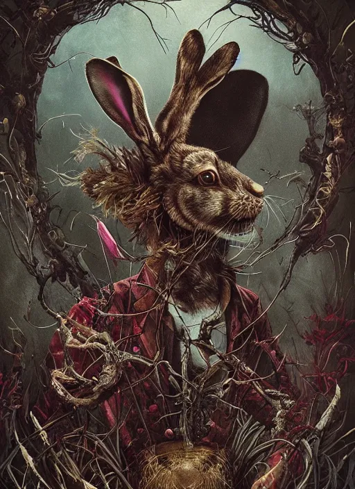 Image similar to the march hare, death tarot card, highly detailed, half skull face, cinematic, 8 k, by megan duncanson, benjamin lacombe, adrian borda, stanley artgermm, tom bagshaw, craig mullins, carne griffiths, ayami kojima, beksinski, giger, trending on deviantart, hyper detailed, horror, full of colour