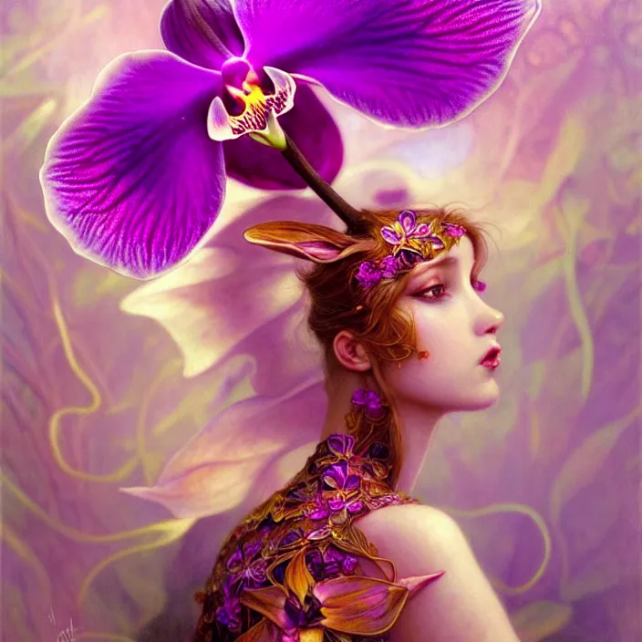 Image similar to psychedelic orchid bunny, diffuse lighting, fantasy, intricate, elegant, highly detailed, lifelike, photorealistic, digital painting, artstation, illustration, concept art, smooth, sharp focus, art by John Collier and Albert Aublet and Krenz Cushart and Artem Demura and Alphonse Mucha