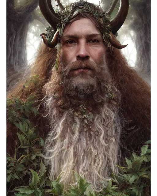 Image similar to forest druid with ram horns and leaves in his beard | highly detailed | very intricate | symmetrical | cinematic lighting | award - winning | closeup portrait | painted by donato giancola and mandy jurgens and brian froud | featured on artstation