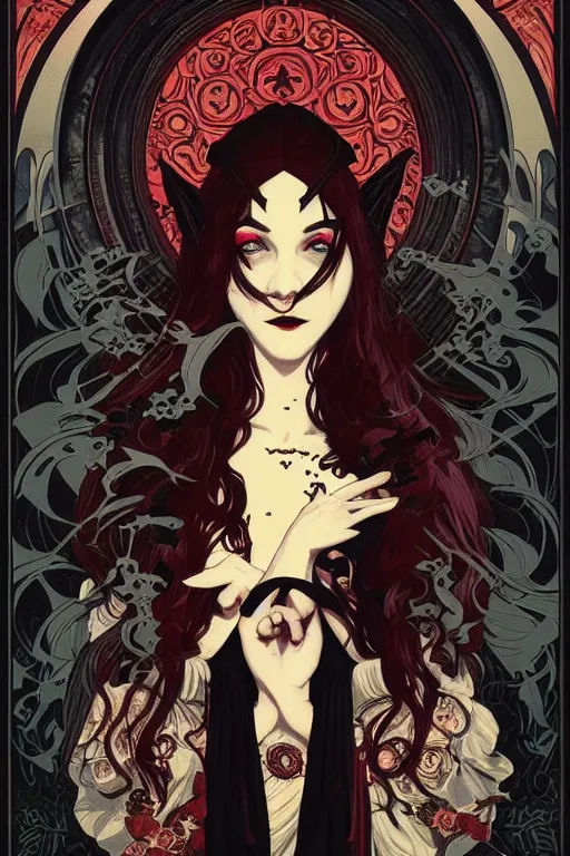 Prompt: beautiful gothic vampire girl propaganda screen printing movie poster, art style by sachin teng, artgerm, alphonse mucha, graffiti street art, iconic, masterpiece, organic painting, hard edges, ornate and hyper detailed