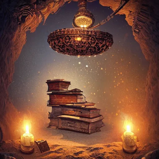 Prompt: epic view of an ancient dark byzantine cave interior, ornate oil lamp on a pile of crystals, books covered in jewels, ornate, surrounded by strange statues and treasure, full of sand and glitter, hyper real, Indiana Jones, Tomb Raider, trending on artstation, concept art, cinematic, jewels, hyperrealistic