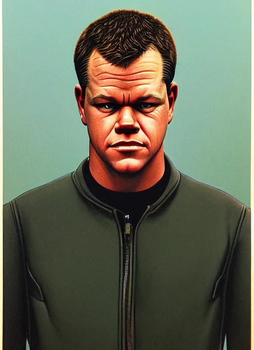 Prompt: symmetrical!! portrait of matt damon. close up. soft lighting, retro 8 0 s, realistic illustration, art by peter elson