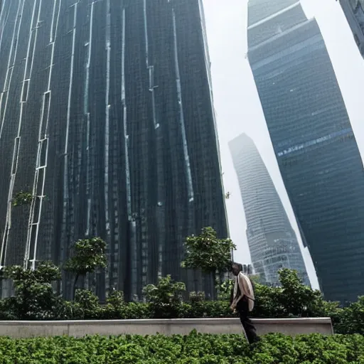 Prompt: The financial district of a misty city is overtaken by growing vines and vegetation. A person in a suit watches from the ground