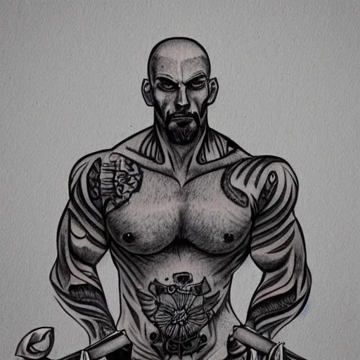 Image similar to muscular bald man, tattooed body, sword in hands, HD, anime style,