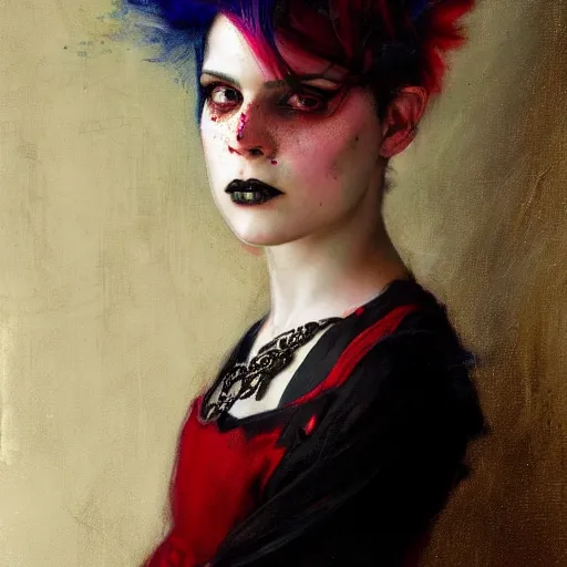 Image similar to Solomon Joseph Solomon and Richard Schmid and Jeremy Lipking victorian genre painting portrait painting of a young beautiful woman punk rock goth with punk rock haircut in fantasy costume, red background