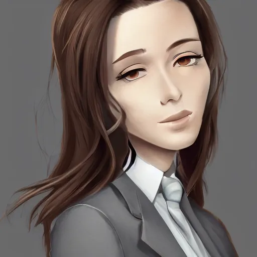 Image similar to woman in grey business suit, brown neat hair, pixiv, fanbox, trending on artstation, portrait, digital art, modern, sleek, highly detailed, formal, serious, determined, competent, colorized, smooth, charming, pretty, safe for work, thick