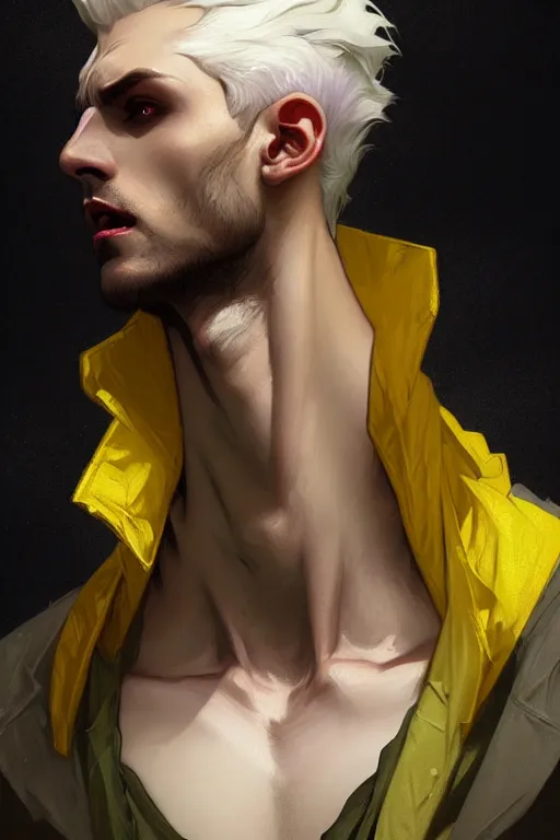 Image similar to portrait of a beautiful young fit male vampire with curly white hairs and yellow eyes, dressed with urban clothes, by greg rutkowski and alphonse mucha, d & d character, gradient white to red, modern nocturnal background, highly detailed portrait, digital painting, artstation, concept art, smooth, sharp focus ilustration, artstation hq