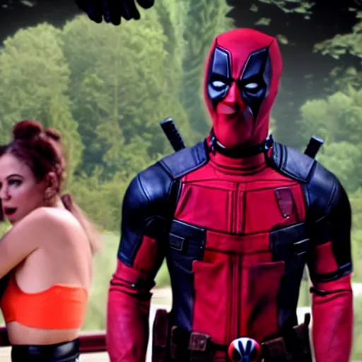 Image similar to a still of deadpool dancing at the disco with the ladies