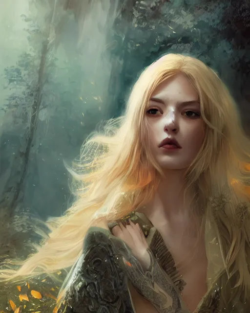 Image similar to cinematic side portrait blonde girl, adventurer outfit large cloak, fantasy forest landscape, dragon scales in hair, fantasy magic, long wavy blonde hair, dark light night, intricate, sharp focus, lens flare, bloom, rim light, illustration, highly detailed, digital painting, concept art, matte, art by ruan jia