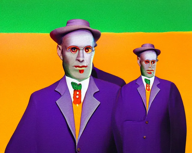 Image similar to incredibly spangly snake oil salesman wearing a purple and green stars and stripes suit, patriotic, painting by Grant Wood, 3D rendering by Beeple