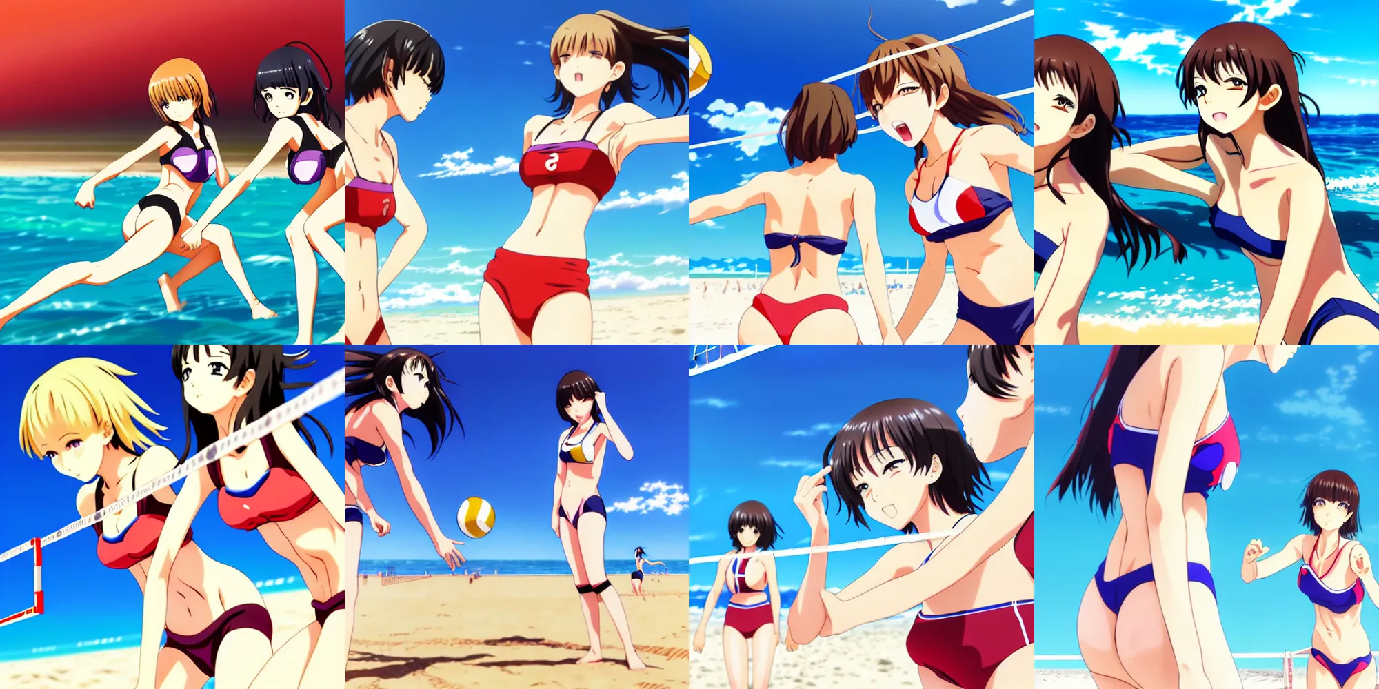 Prompt: anime still film anime shikishi, two female high school character swimwear playing volleyball on a beach, cute face by ilya kuvshinov yoshinari yoh makoto shinkai katsura masakazu kyoani, dynamic perspective pose super detailed facial features eyebrowless symmetry, gapmoe yandere grimdark, crisp and sharp cel shade ambient light n