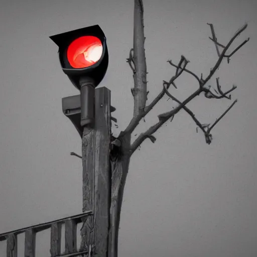 Prompt: ominous dark perched crow with glowing red surveillance camera lens for an eye (detailed realistic photograph) (gritty atmosphere)