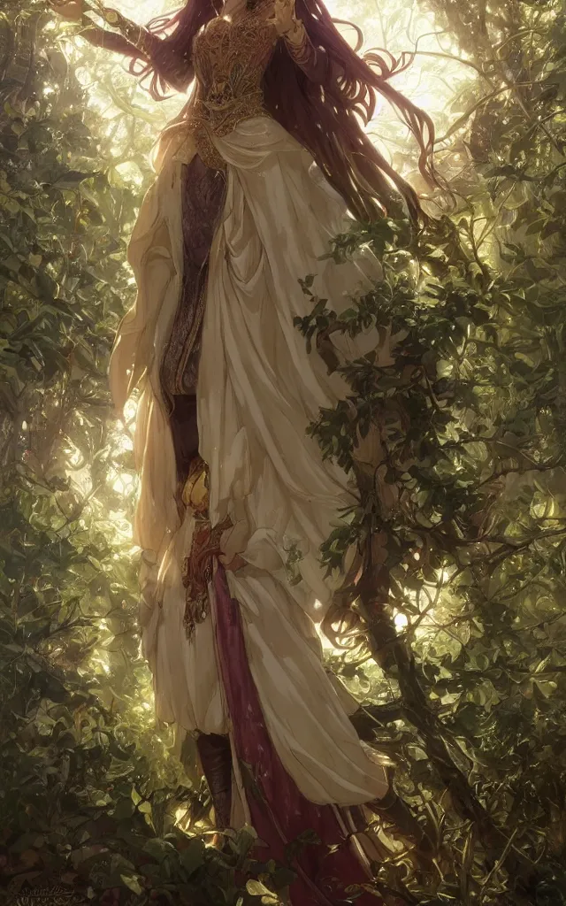 Image similar to anime key visual of amora the enchantress wearing a medieval gown!! intricate, magical forest, stunning, highly detailed, digital painting, artstation, smooth, hard focus, illustration, art by artgerm and greg rutkowski and alphonse mucha