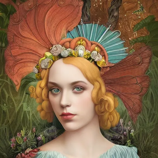 Image similar to a detailed portrait of young woman in renaissance dress and a surreal renaissance headdress, very surreal garden, cyberpunk, surreal tea party, strange creatures, by christian schloe and botticelli, naotto hattori, amy sol, roger dean, moody colors