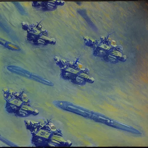 Image similar to a painting of a warhammer 4 0 k space marine squadron, by monet, munch,