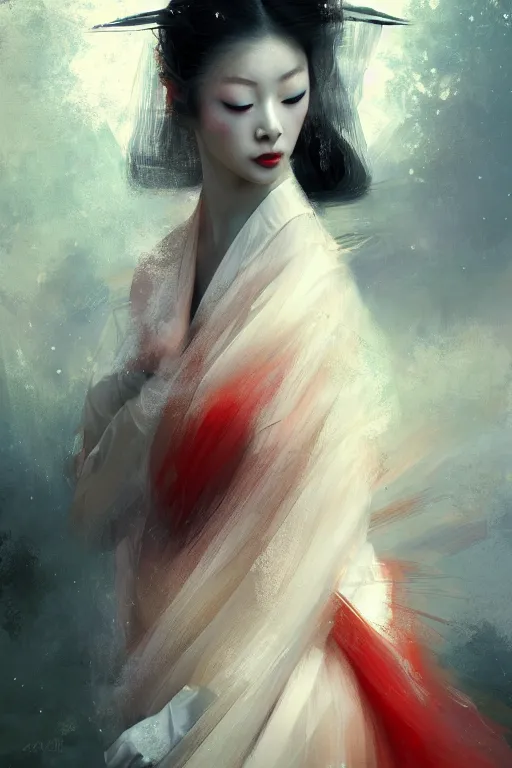 Image similar to geisha prima ballerina, gorgeous, ethereal, intricate, elegant, volumetric lighting, nature scenery, digital painting, highly detailed, artstation, sharp focus, illustration, concept art, ruan jia, steve mccurry