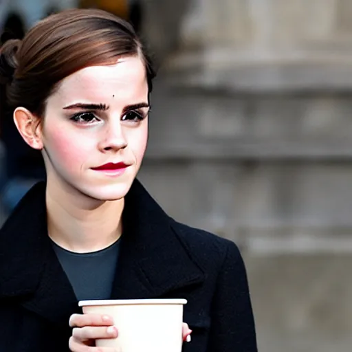 Image similar to photo of a cold emma watson holding a cup of warm milk, cozy