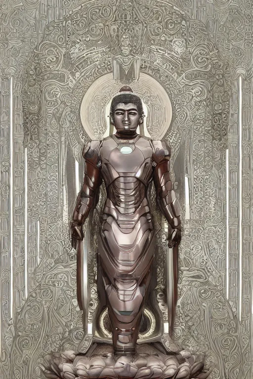 Image similar to digital masterpiece illustration concept art of porcelain statue of buddha gautama as iron man, varasana, lotus, padmasana, extremely detailed and intricate complexity, epic composition, magical atmosphere, cinematic lighting, wide long shot, trending on artstation, 8 k