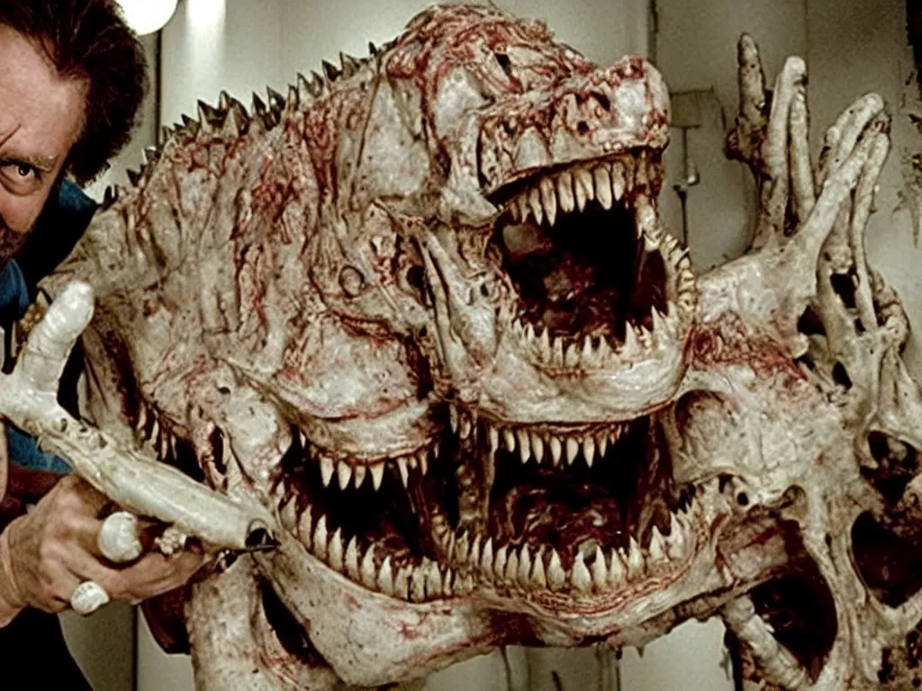 Image similar to movie still b - grade horror film budget production dentist wearing a facemask drilling the teeth scary dangerous biomechanical crocodile creature made of bone, bulging wide eyes, wes craven stanley kubrick david cronenberg george a romero guillermo del toro sharp focus