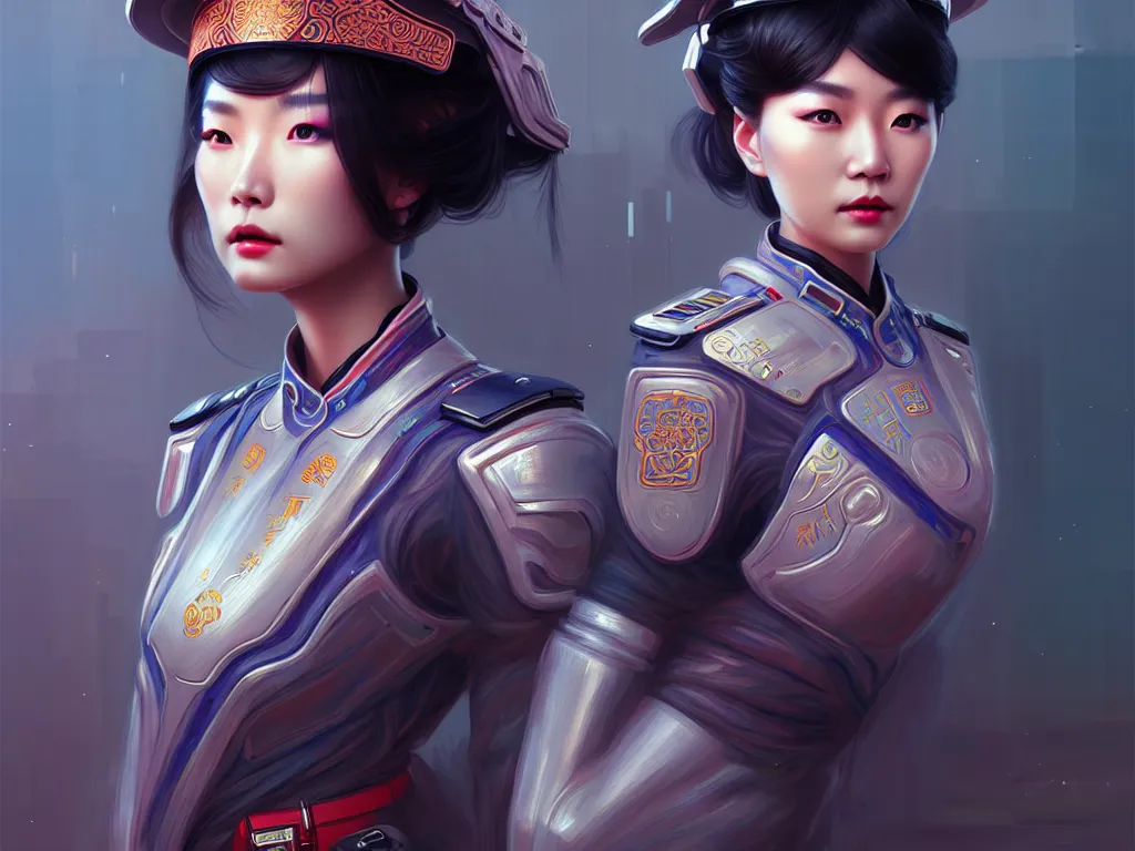 Image similar to portrait futuristic china police uniform female, at future neon light rooftop, ssci - fi and fantasy, intricate and very very beautiful and elegant, highly detailed, digital painting, artstation, concept art, smooth and sharp focus, illustration, art by tan zi and ayanamikodon and alphonse mucha and wlop