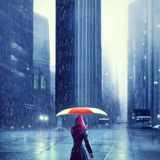 Prompt: city of the future, many skyscrapers, blade runner style, hyper - realistic, octane render, realistic, real, street, rain, beautiful girl with umbrella wearing