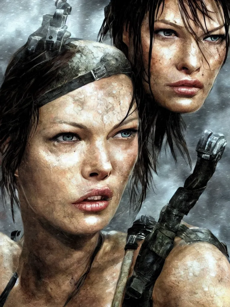 Prompt: close up potrait of Mila Jovovich face as tomb raider