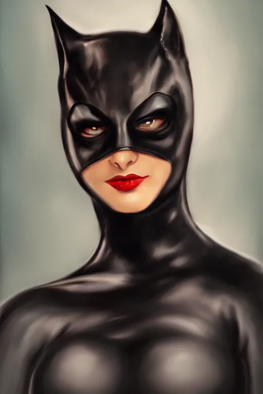 Prompt: portrait of Catwoman by Julia Razumova, trending on artstation