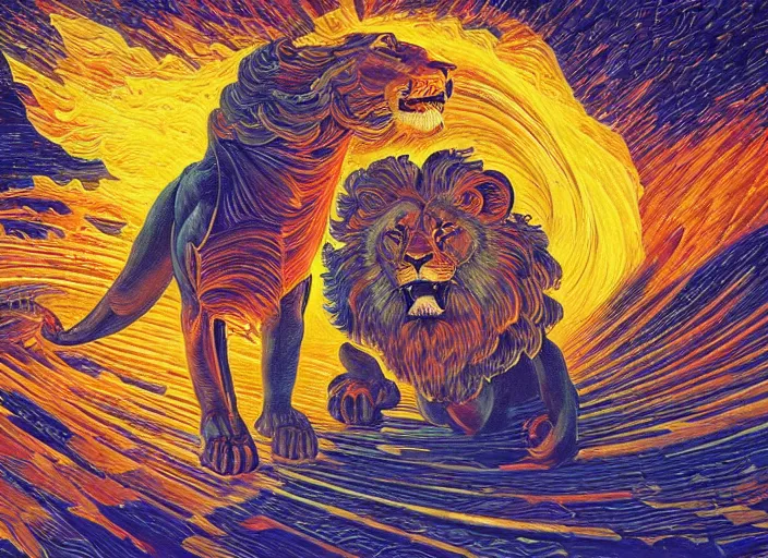 Prompt: An oil on canvas painting of the Lion's gate, energy vortex, by Dan Mumford and Umberto Boccioni,, 3d, realistic shading, complimentary colors, aesthetically pleasing composition, masterpiece, 4k, 8k, ultra realistic, super realistic