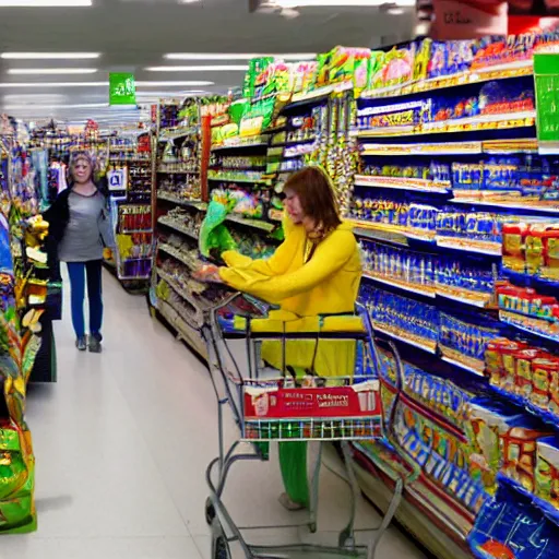 Image similar to mid shot of an alien buying groceries at the store shot by amanda carlson and alex strelkovv, professional photo, masterpiece, very detailed, hyper - realistic, cinematic, 4 k