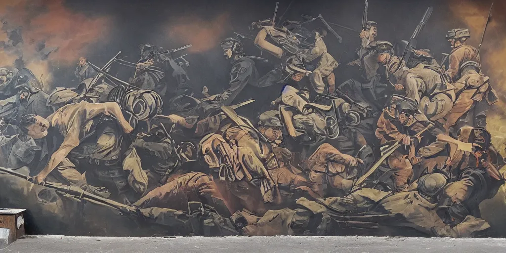 Prompt: a mural depicting war, dark colors, a sense of difficulty, heroic, epic